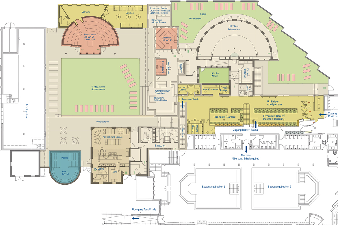 Lageplan der Römer-Saunalandschaft mit Übersicht und Orientierungshilfen